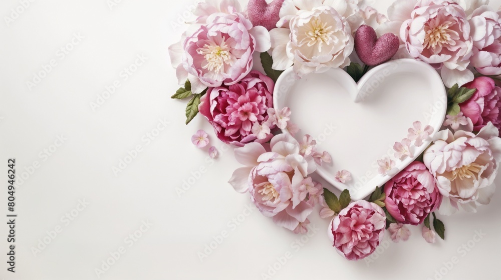 Pink peonies flowers, heart shape on light background with copy space. Floral background for posters, greeting card.