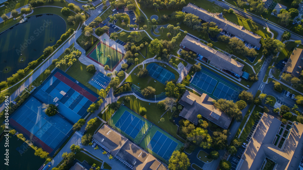 Fototapeta premium Aerial view of a summer recreation center with sports courts 
