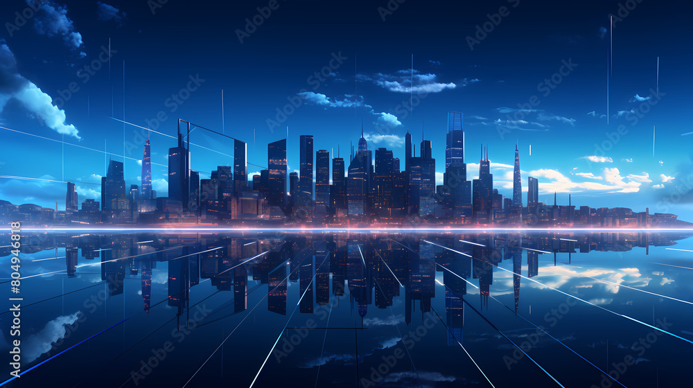 Futuristic cityscape with digital lines and holographic elements