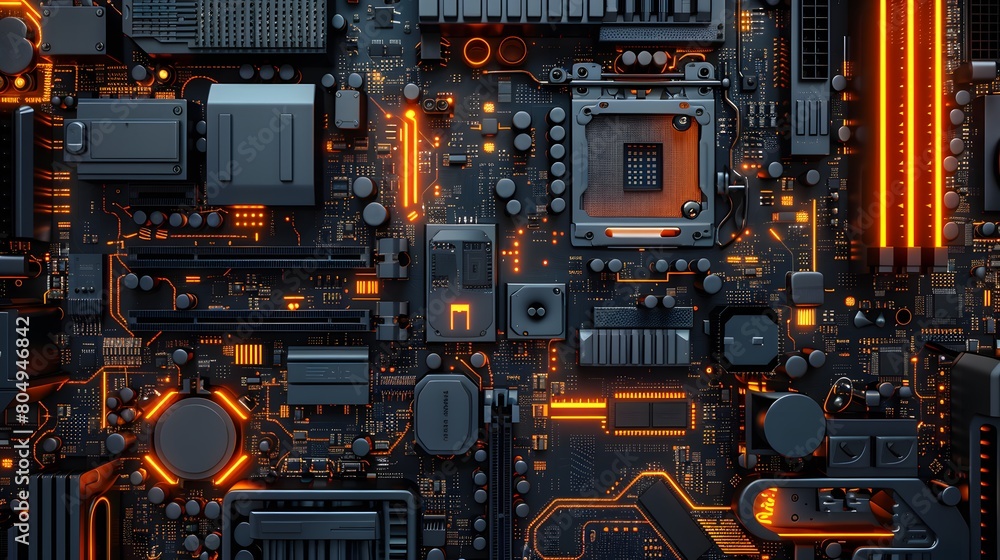 Detailed Illustration of a Computer Motherboard, Highlighting Its Complex Circuitry and Electronic Components