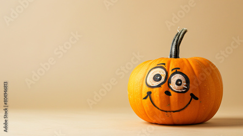 Pumpkin with drawn face and undereye patches on beige photo