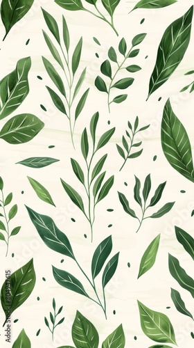 A seamless botanical watercolor illustration featuring a variety of green leaves  perfect for backgrounds  textiles  and eco-friendly concepts