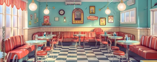 Retro Cafe Interior Illustration Depicting an American Diner with Classic Tables and a Nostalgic 1950s Vibe, Complete with Jukebox and Neon Signs