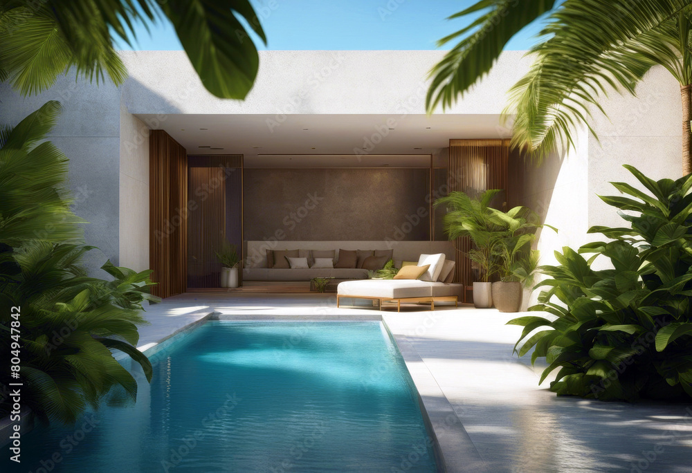 'Outdoor palm resort concrete Tropical leaf wall hotel house exterior water vacation architecture product neutral scene background placement Luxury holiday summer shadow pool poduim'