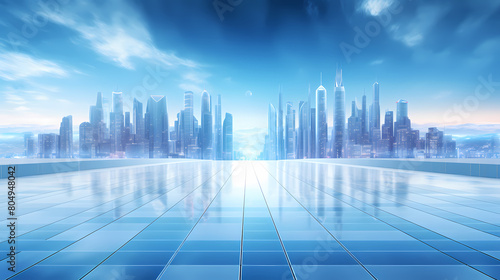 Futuristic cityscape with digital lines and holographic elements