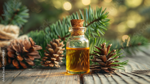 Pine turpentine essential oil in glass bottle with pine coniferous leaves and pine cone on wooden table