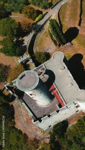 Fortress Rocca Martinengo on the island of Monte Isola on Lake Iseo, Italy, view from a drone photo