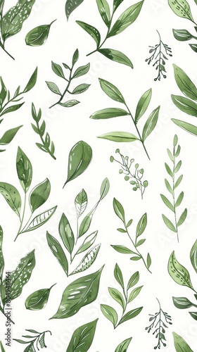 A seamless botanical watercolor illustration featuring a variety of green leaves, perfect for backgrounds, textiles, and eco-friendly concepts