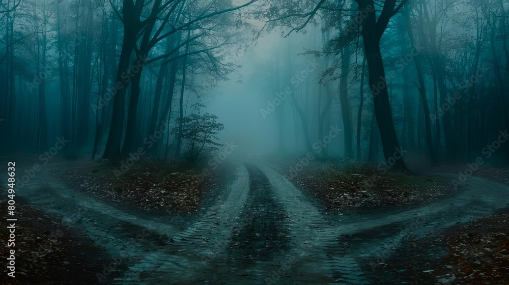 Abstract concept of an ethical dilemma, represented by diverging paths in a foggy, mysterious forest setting, Global Perspective