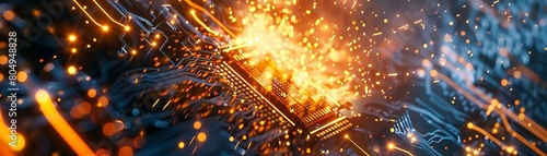 Closeup of quantum computing chips during a data explosion, sparks and electrical currents, focus on technology, Futuristic Visions photo