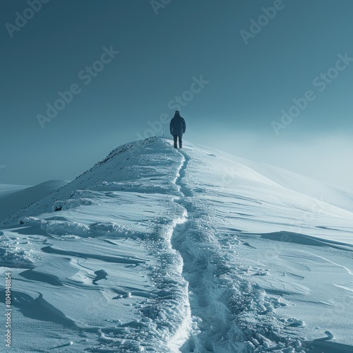 Minimalist object photo of climbers in the snowy desert traveling in the vast plateau with a wide photo capture, cold and exotic winter background