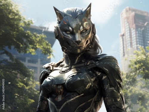 futuristic armored wolf-like superhero in city