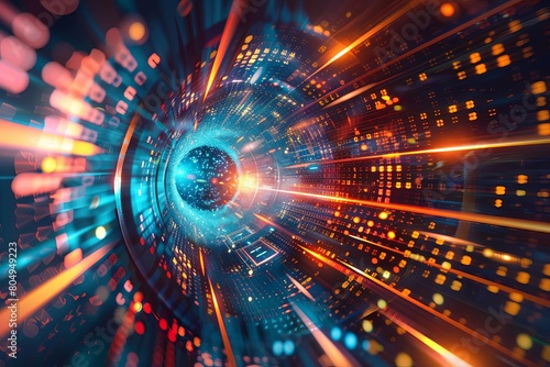 Quantum computing core unleashing a powerful data explosion, depicted with light trails and digital elements, Vector graphics photo