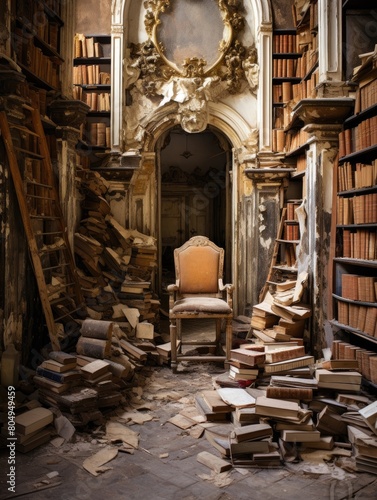 Abandoned library with ornate architecture and piles of old books
