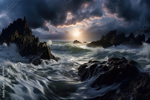 Dramatic seascape with crashing waves and rocky cliffs