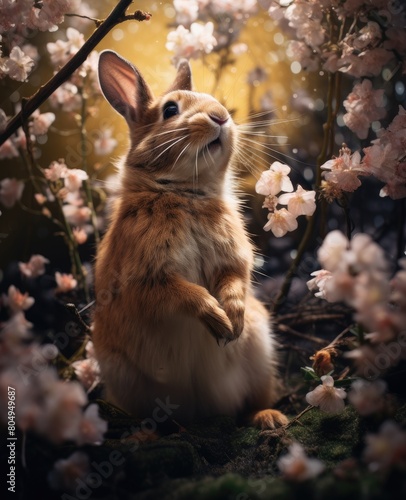 Cute rabbit in blooming spring garden