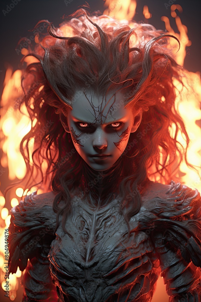 Fiery demonic figure with intense gaze Fiery demonic figure with intense gaze