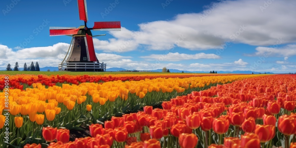vibrant tulip field with windmill