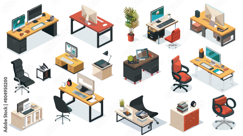 Work place scene isometric icons Vector illustration.