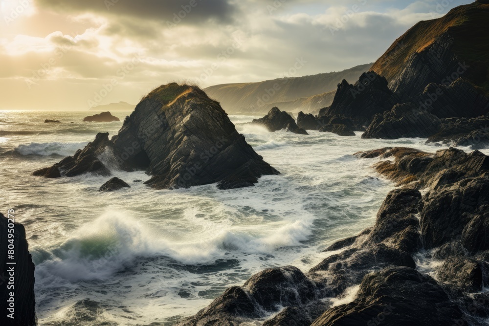 Dramatic rocky coastline with crashing waves