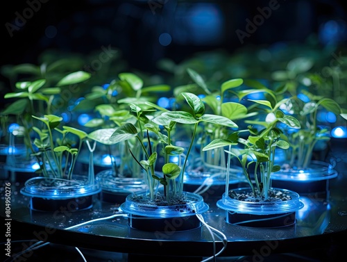 green plants growing in glass containers with blue lights