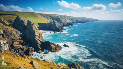 The striking beauty of the Cornwall coast beaches with high cliffs 