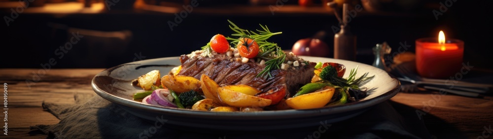 Grilled steak with roasted vegetables on a rustic plate Grilled steak with roasted vegetables on a rustic plate