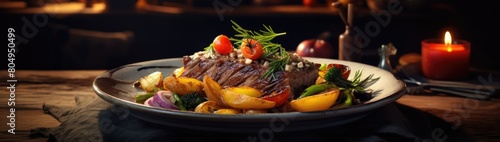 Grilled steak with roasted vegetables on a rustic plate