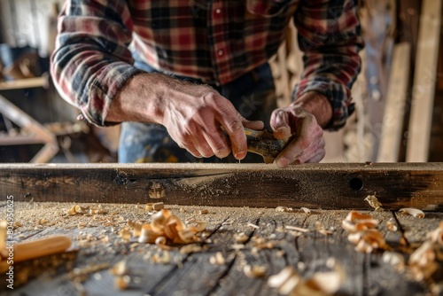 Craftsman hand-planing wood in a workshop, creating shavings on a workbench. Created with Generative AI
