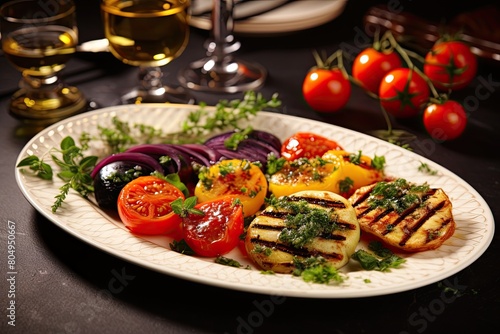 Grilled vegetables and tomatoes on a plate with wine glasses