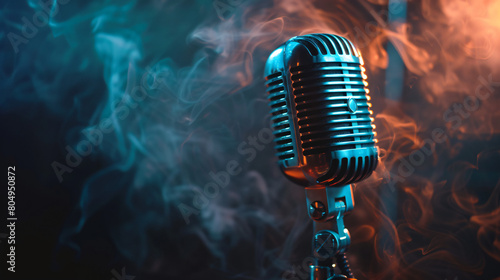 Retro microphone and smoke on dark background closeup