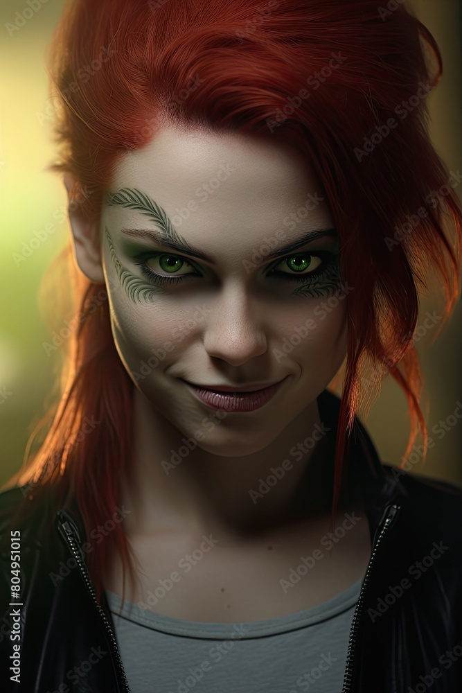 Mysterious woman with vibrant red hair and piercing green eyes Mysterious woman with vibrant red hair and piercing green eyes