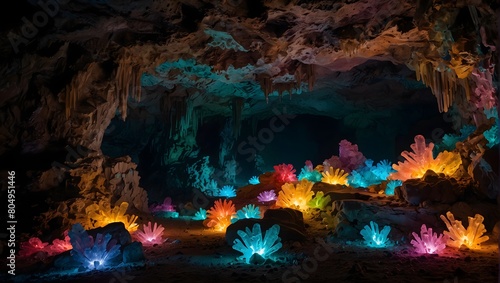 A mystical cave adorned with luminescent crystals, illuminating the darkness with a myriad of colors ai_generated