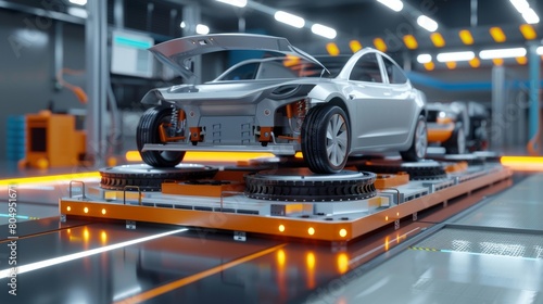 A modern car assembly line with a partially assembled vehicle and robotic machinery, showcasing advanced automotive manufacturing. Created with Generative AI