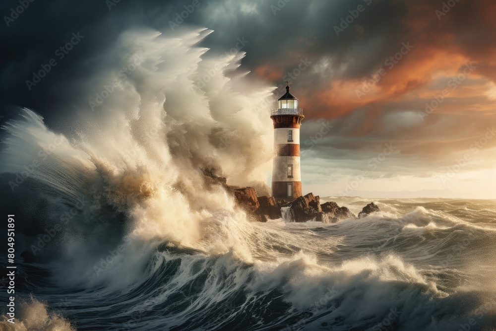 Powerful waves crashing against a lighthouse in a stormy seascape