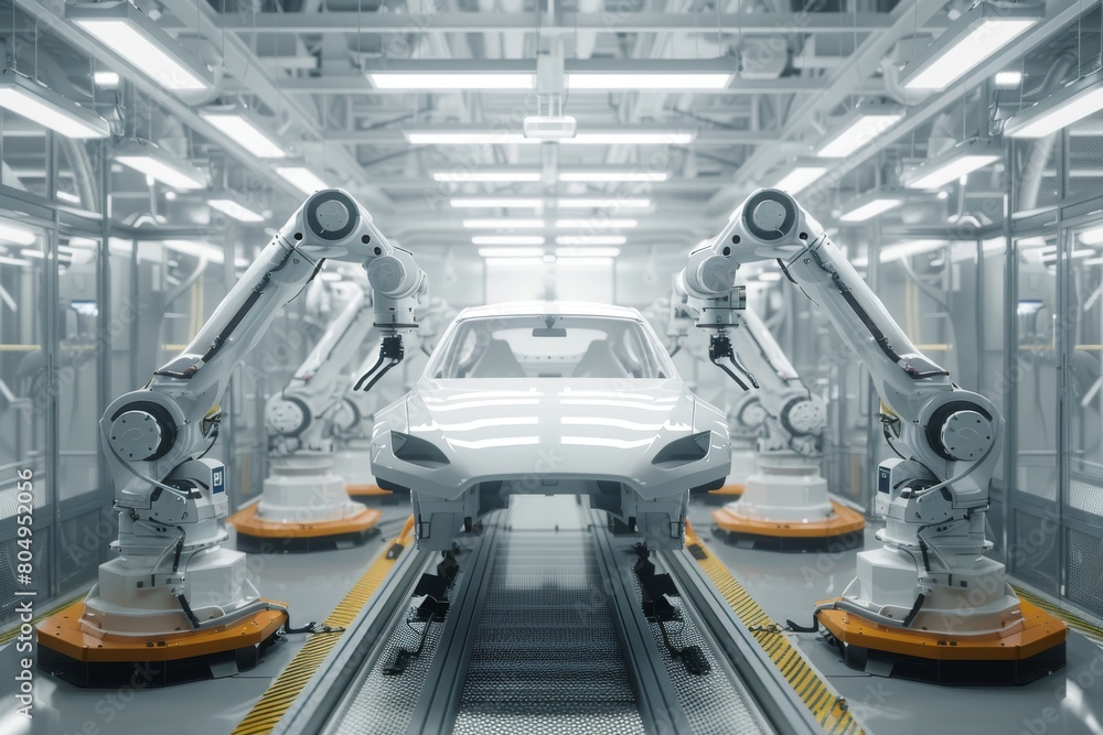 Robotic arms assembling a car in a futuristic automated factory line. Created with Generative AI