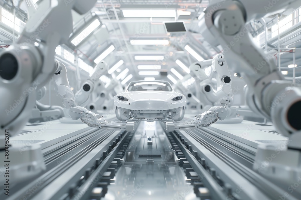 Robotic arms in a high-tech car assembly line within a modern automotive factory. Created with Generative AI
