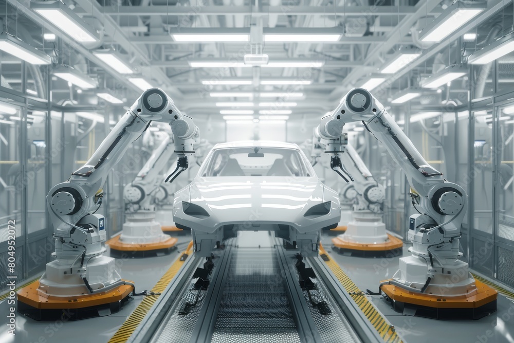 Robotic arms in a modern car factory assembling a vehicle on a production line with precision automation. Created with Generative AI