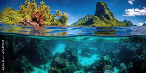 Tropical island paradise with vibrant coral reef underwater