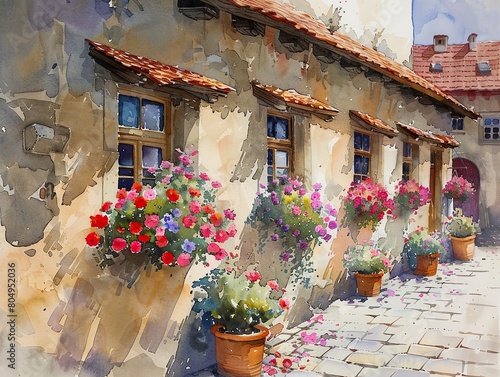 Prague streets with windows and houses and flowers in watercolor style