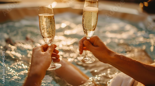  Closeup of hands clinking champagne glasses in a jacuzzi, focusing on the glass and bubbles with a blurred spa setting background, captured with a Nikon D850 for high-resolution details in warm ambie photo