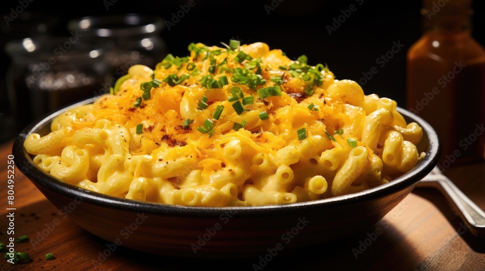 Delicious mac and cheese with melted cheese and green onions Delicious mac and cheese with melted cheese and green onions