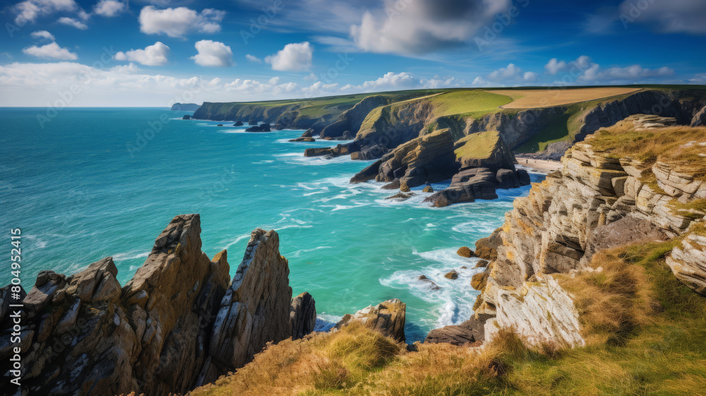 The striking beauty of the Cornwall coast beaches with high cliffs
