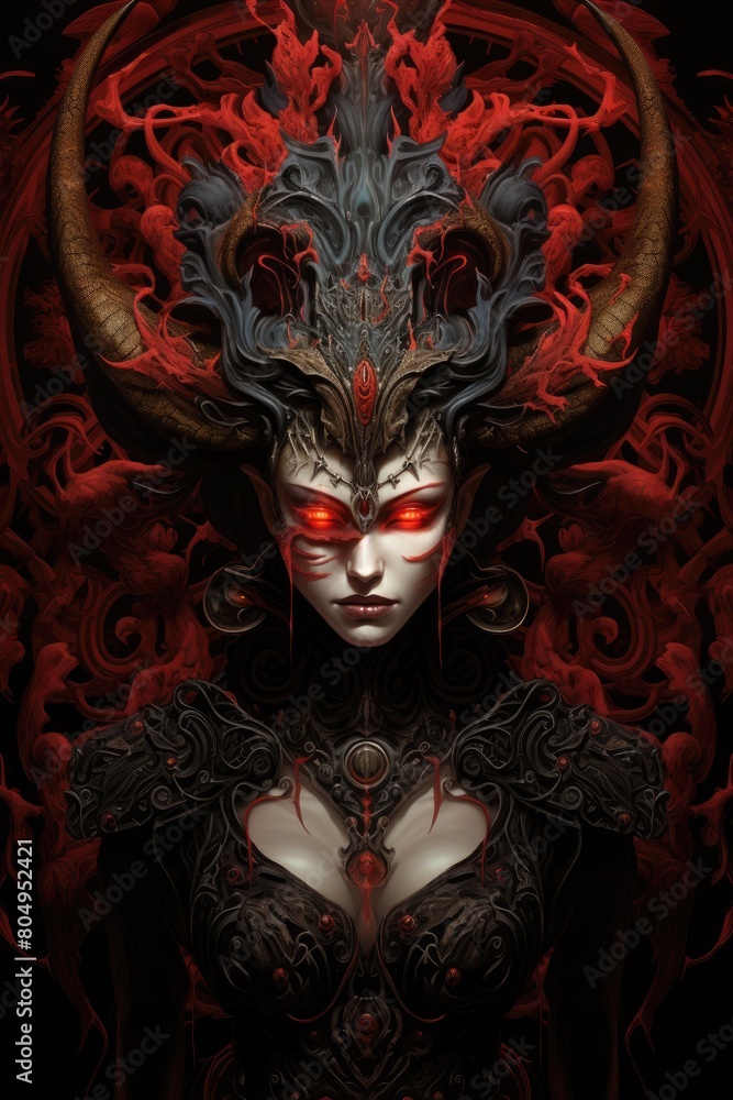 Demonic female figure with fiery red and black abstract design Demonic female figure with fiery red and black abstract design