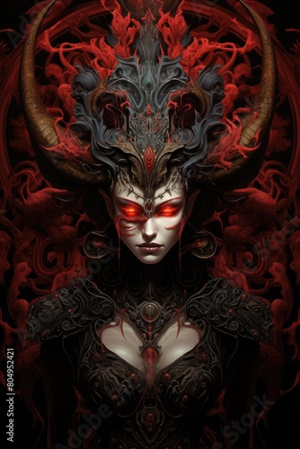 Demonic female figure with fiery red and black abstract design