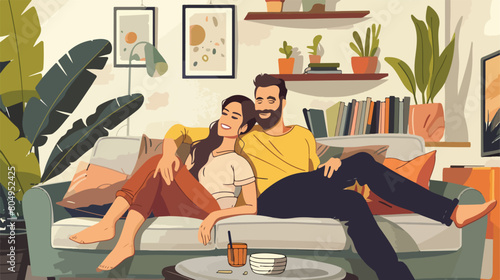 Young couple relaxing on the livingroom Vector illustration