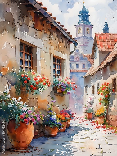 Prague streets with windows and houses and flowers in watercolor style