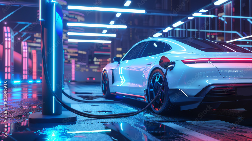 A sleek electric car charges at a futuristic station with vibrant neon lights in a rainy cityscape. Created with Generative AI