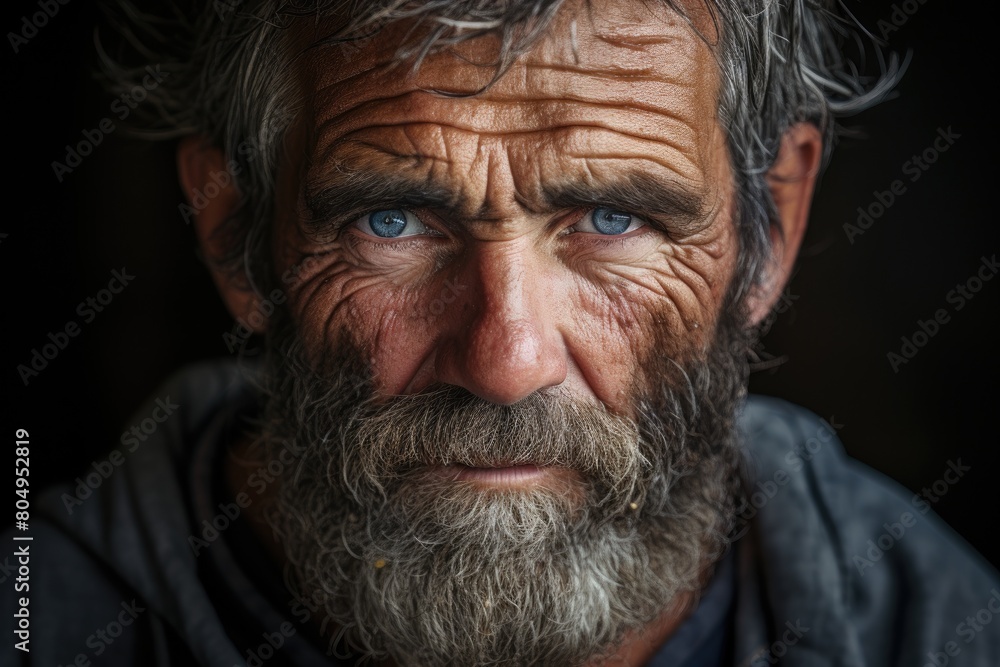 Weathered face of an elderly man with a thick beard Weathered face of an elderly man with a thick beard