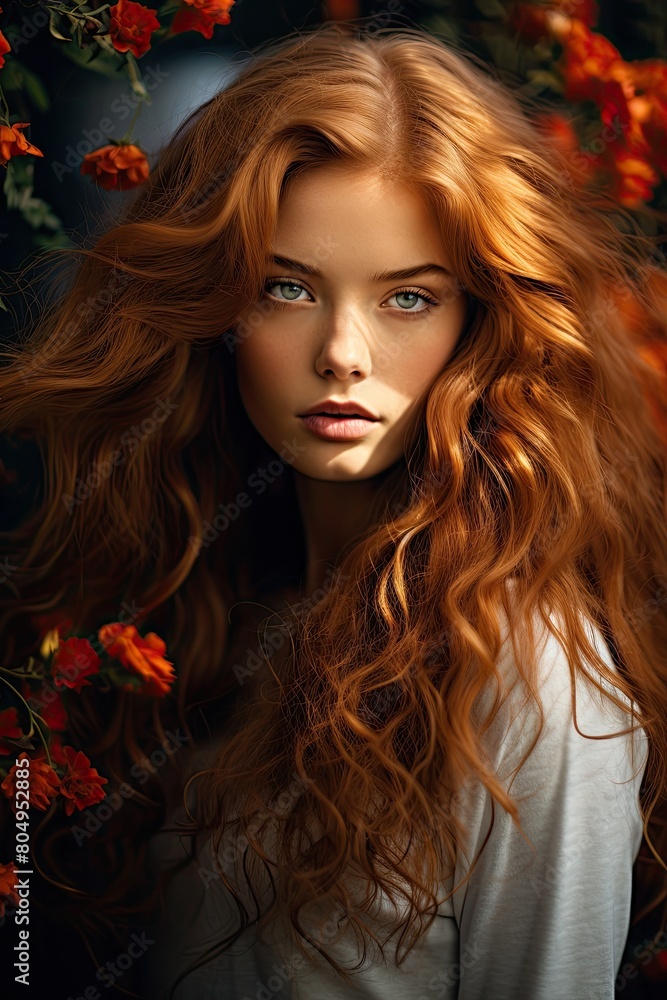 Captivating portrait of a woman with flowing red hair Captivating portrait of a woman with flowing red hair